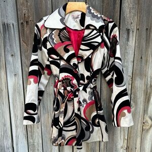 3 Sisters Boho Floral Trench Coat White Red Black XS